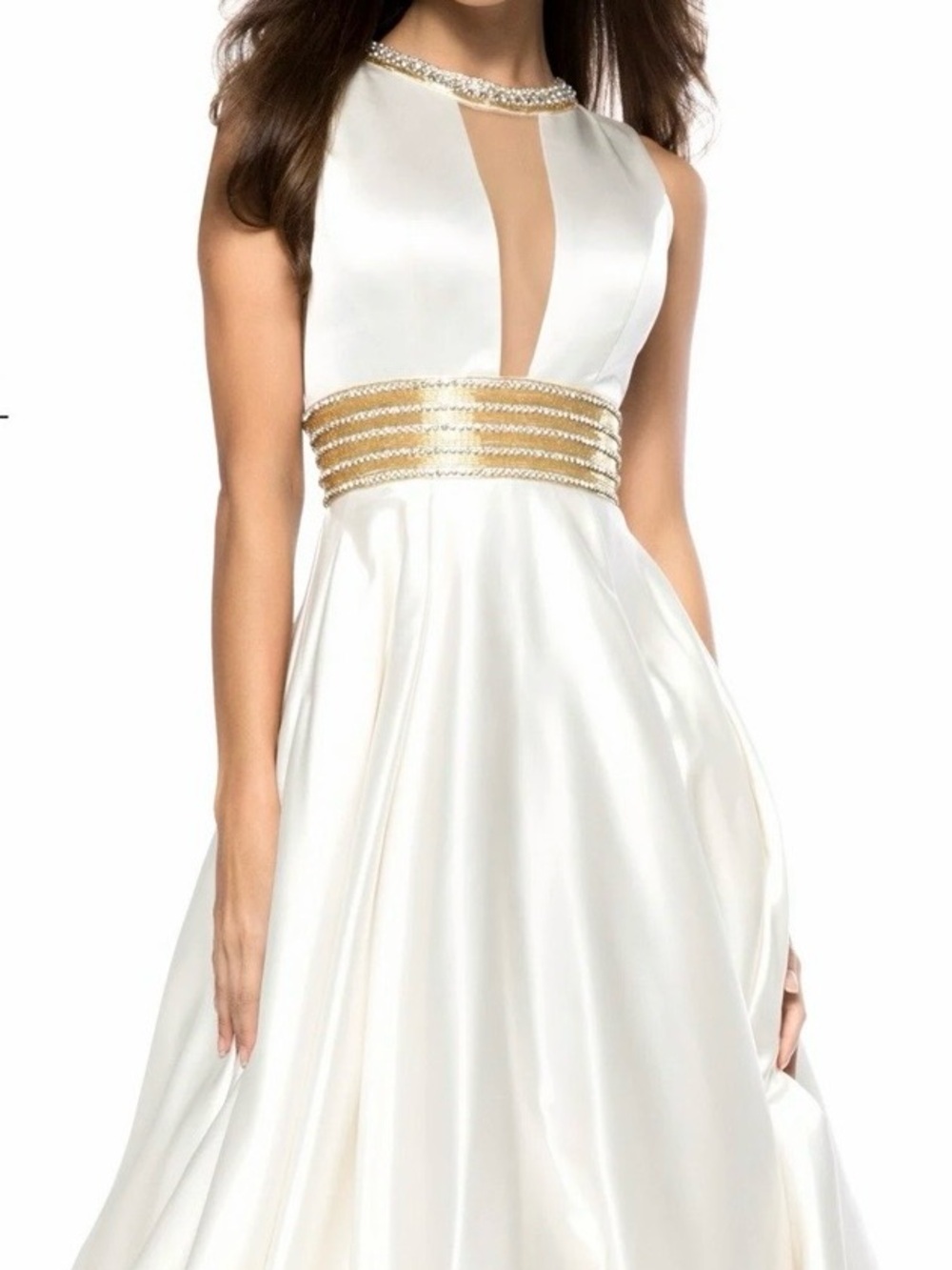 Sherri Hill Ivory Satin Ball Gown with Gold Beaded Waist
